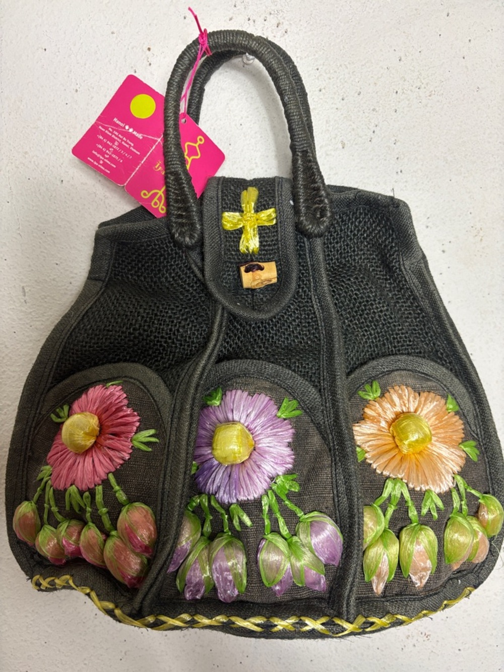 Ipanema Black Tote with Pink, Blue & Yellow Floral Embroidery